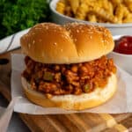 Healthy turkey sloppy Joes on a piece of parchment paper