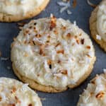 Coconut cake mix cookies with toasted coconut on top.