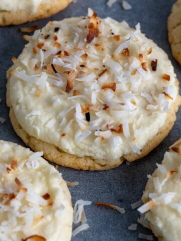 Coconut cake mix cookies with toasted coconut on top.