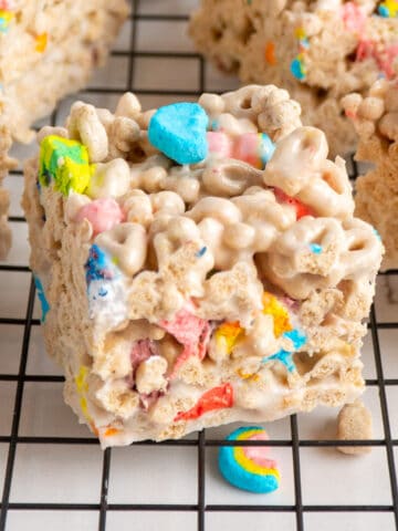 Close-up of lucky charm rice krispie treats.