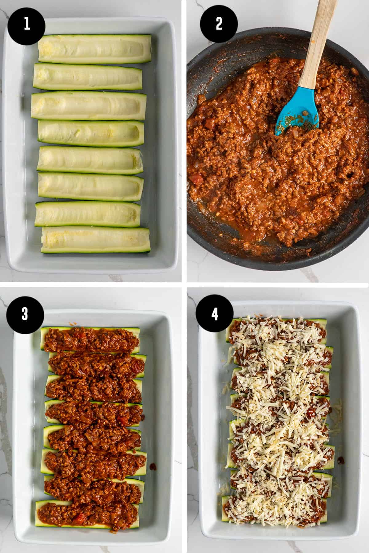 Step pictures on how to make zucchini boats.