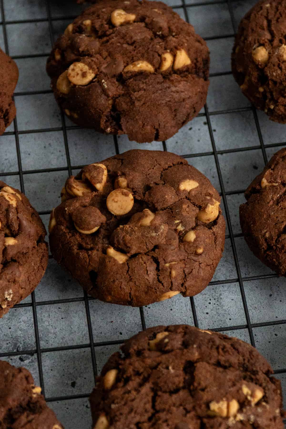 Close-up of a chocolate peanut butter chip cookie on a cooling rack.
