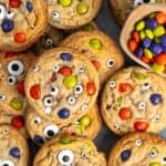 Overhead, look at Halloween monster cookies stacked on top of each other.