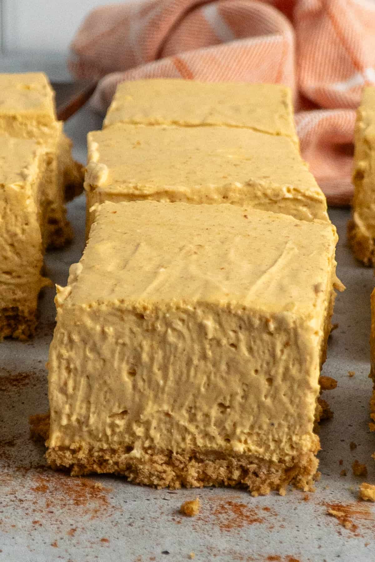 Close-up of pumpkin cheesecake bares lined up.