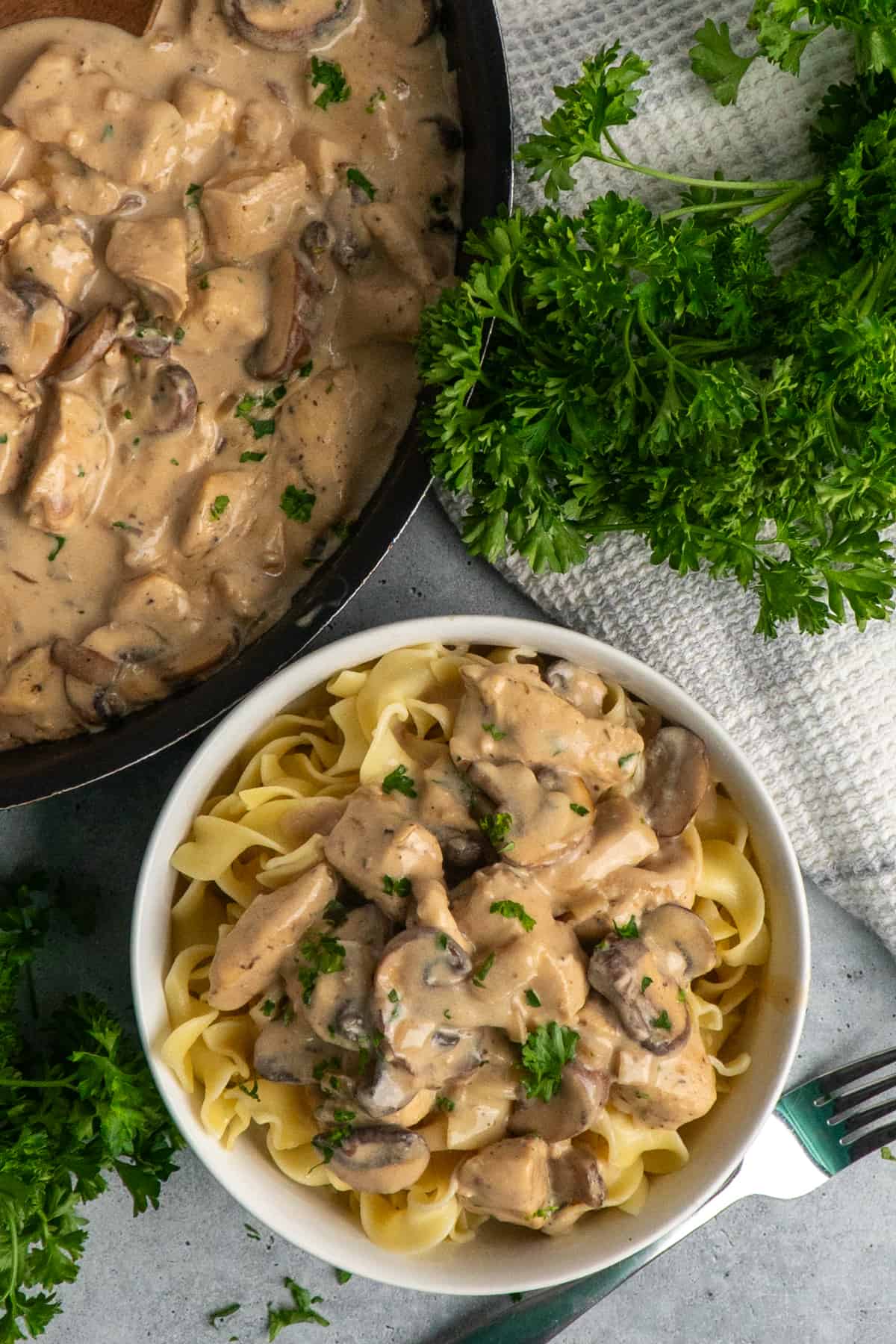Overhead look at chicken stroganoff in a white bowl and in a skillet.
