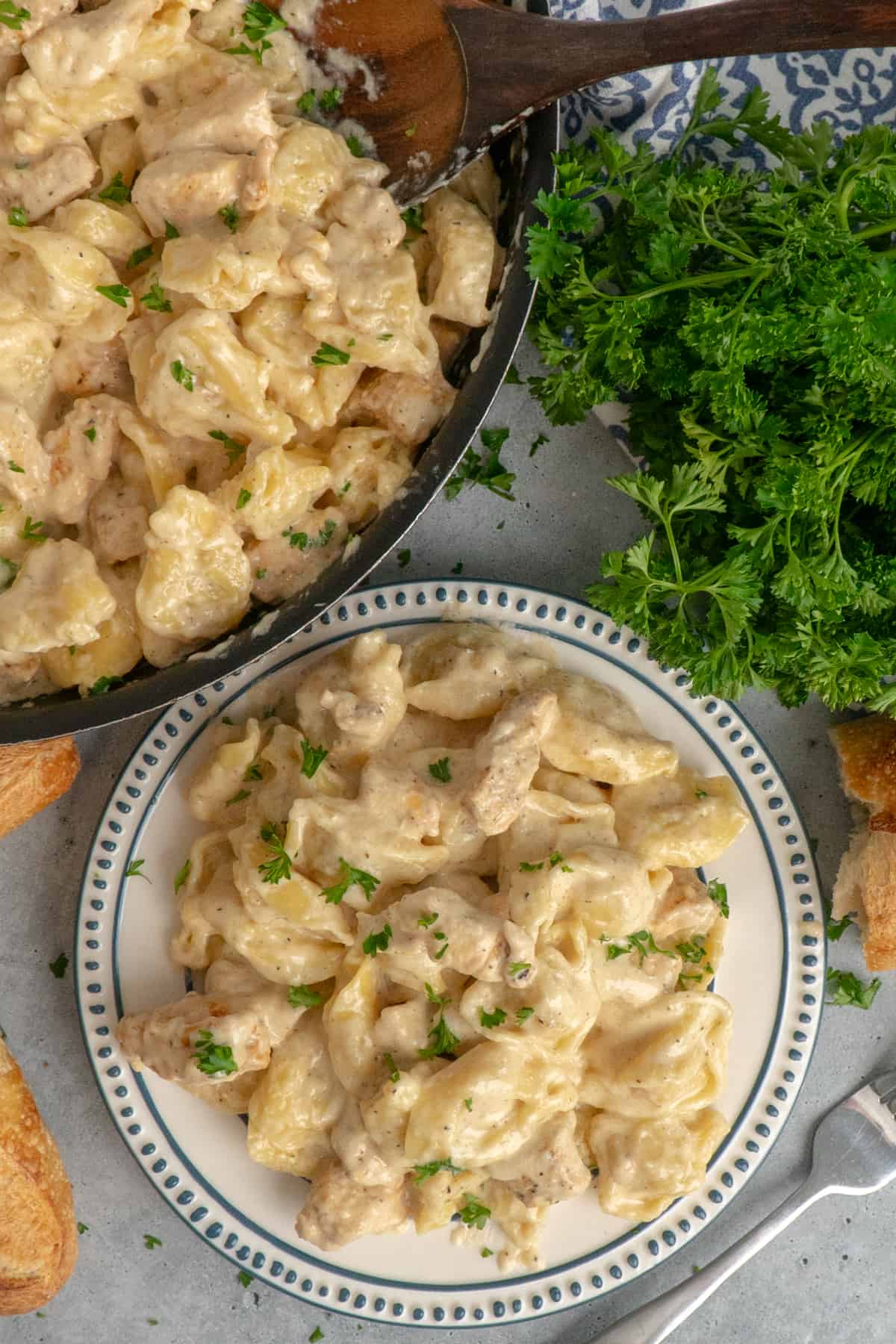 Chicken tortellini Alfredo on a plate and in a skillet.