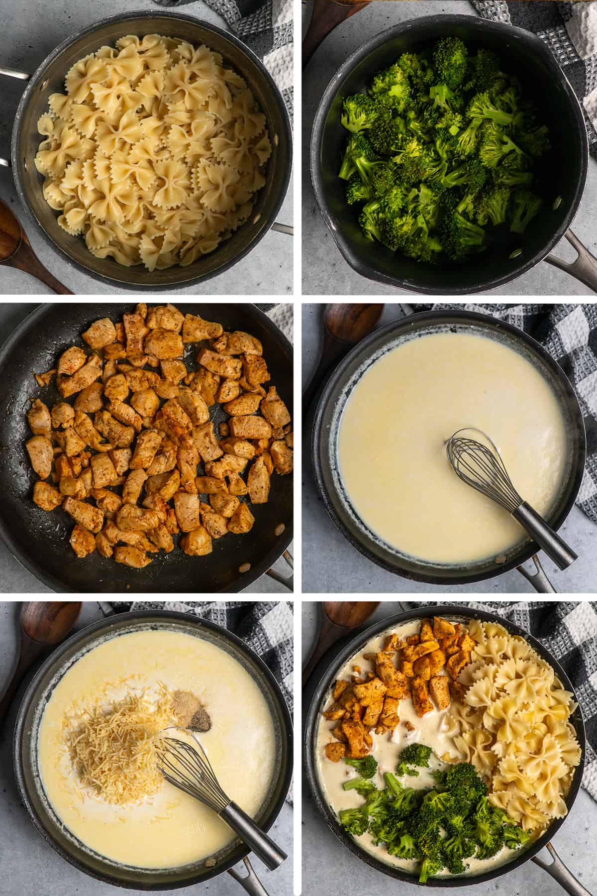 Six images on how to make chicken broccoli Alfredo.