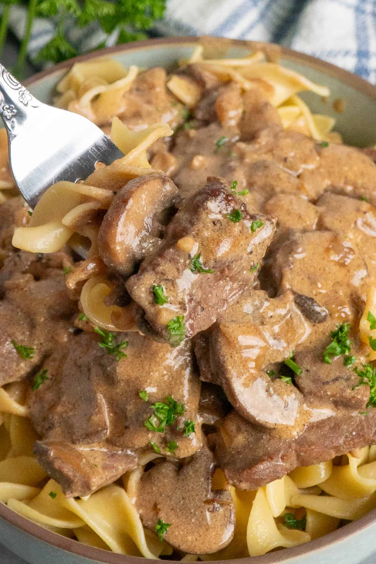 A fork holding a bite of beef stroganoff.