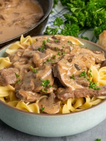 Beef stroganoff over a bowl of egg noodles.