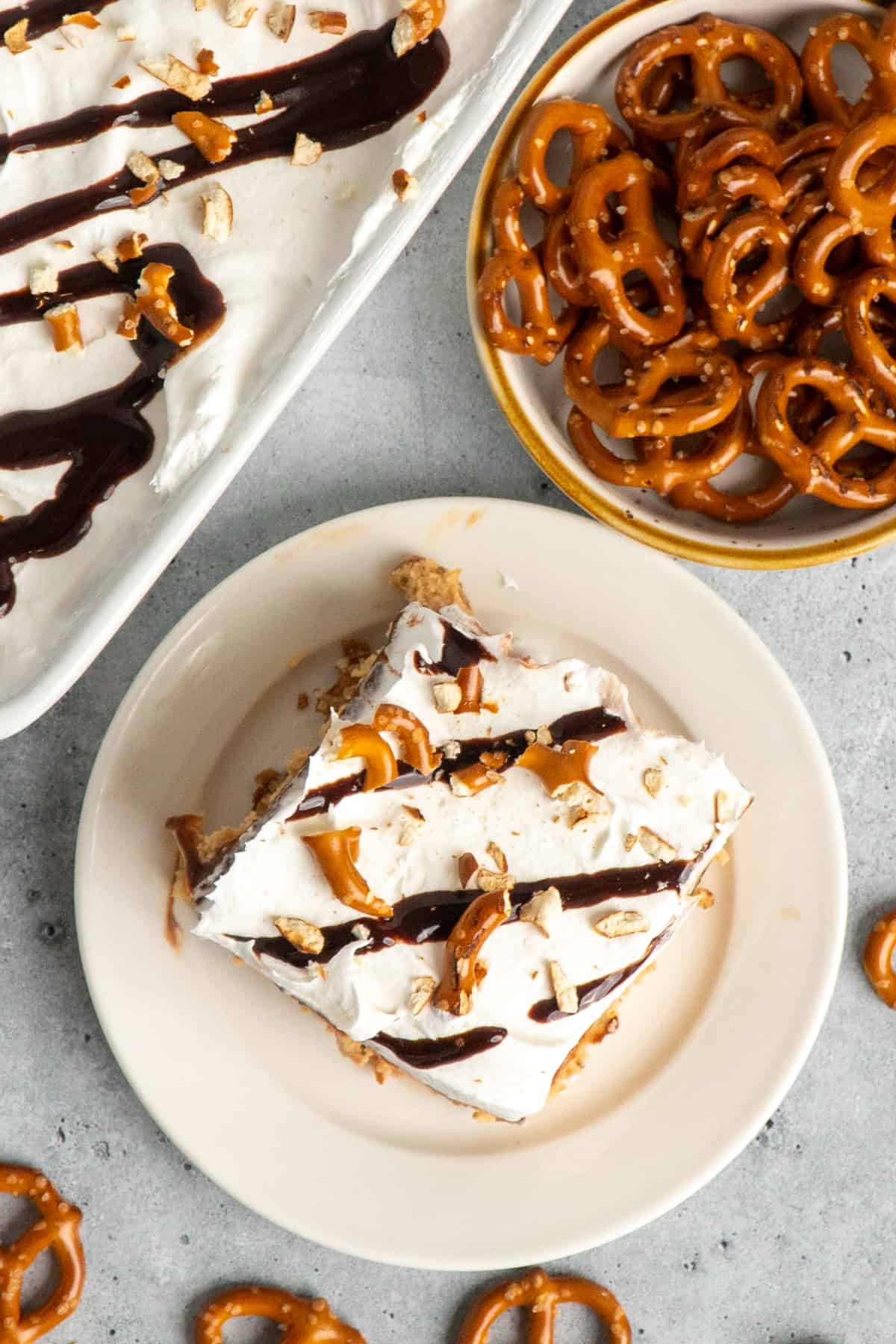 Overhead look a peanut butter dessert on a plate.