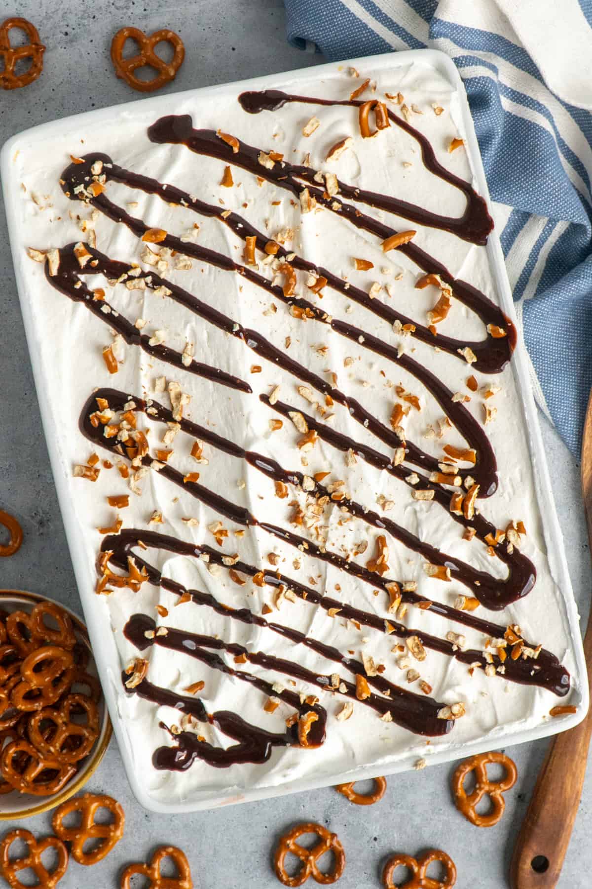 Overhead look at a no bake dessert in a white baking dish.