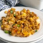 Chicken and stuffing casserole on a plate.