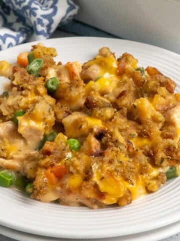 Chicken and stuffing casserole on a plate.
