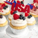 Close up of 4th of July cupcakes with holiday decor.