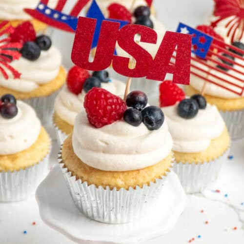Close up of 4th of July cupcakes with holiday decor.