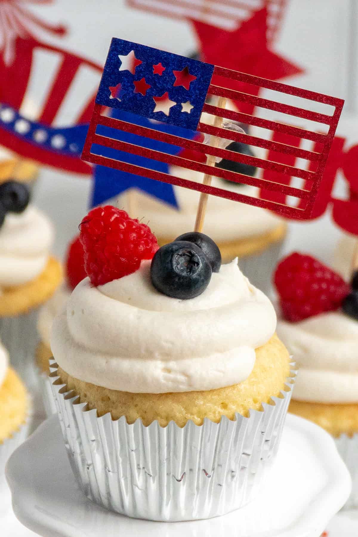 Close up of a 4th of July cupcake.