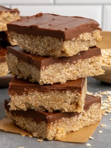 Close up of four Oh Henry bars stacked on top of each other.
