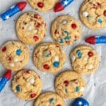 Overhead look at 4th of July cookies on parchment paper.
