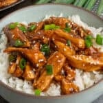 Bourbon chicken over a bowl of rice and garish with green onions.
