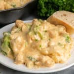 Creamy chicken and gnocchi on a white plate with parsley in background.