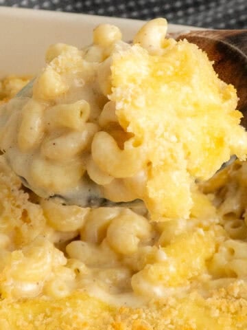 A wooden spoon holding a scoop of white cheddar mac and cheese.