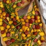 Sheet pan sausage green beans and potatoes ready to be served.
