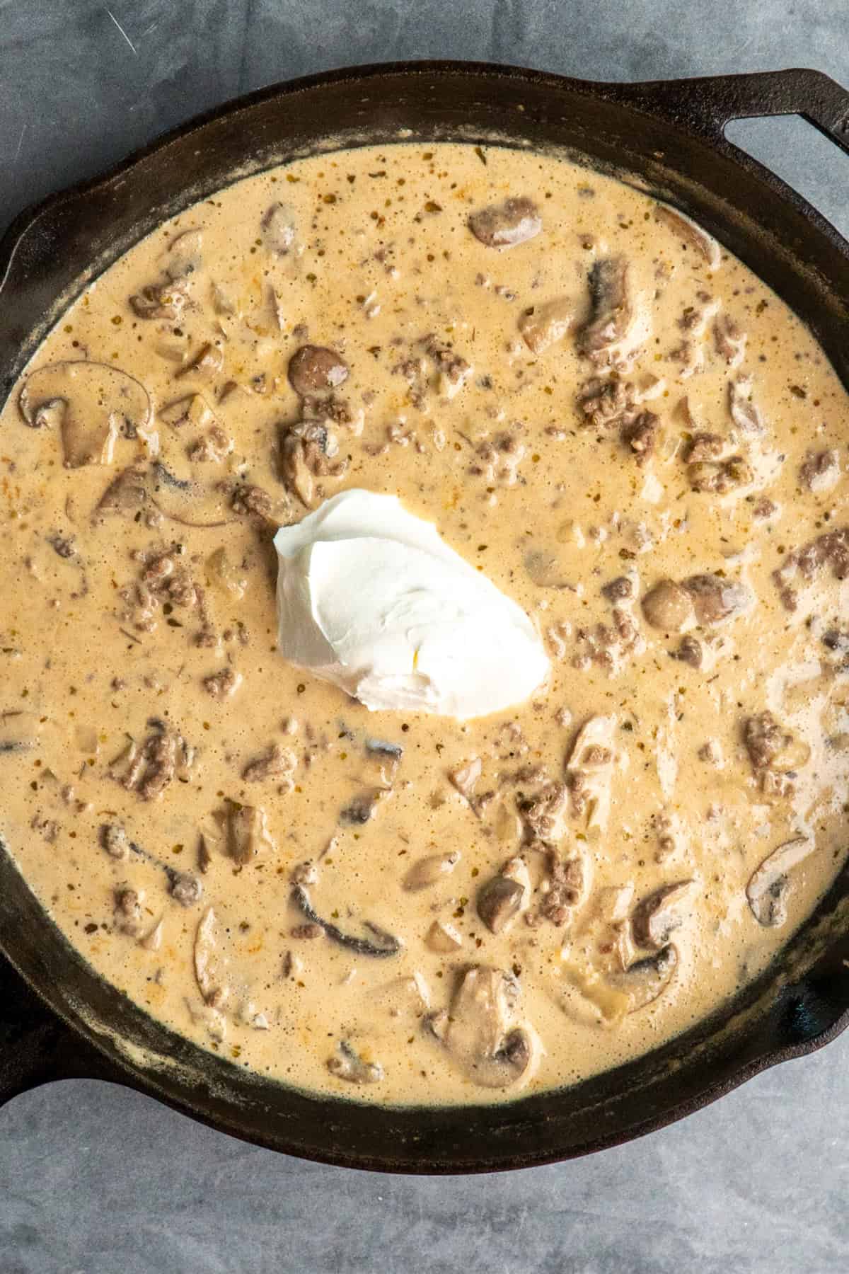 A dollop of sour cream in  the stroganoff sauce.