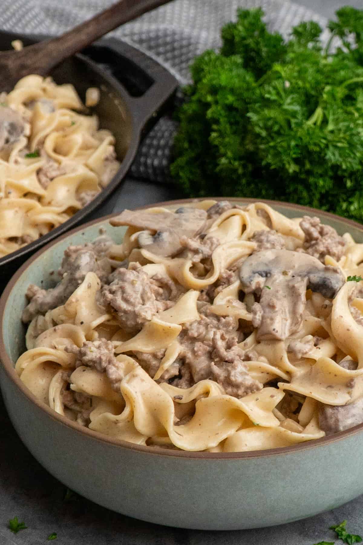 Ground beef stroganoff in a blue bowl with parsley in the background.