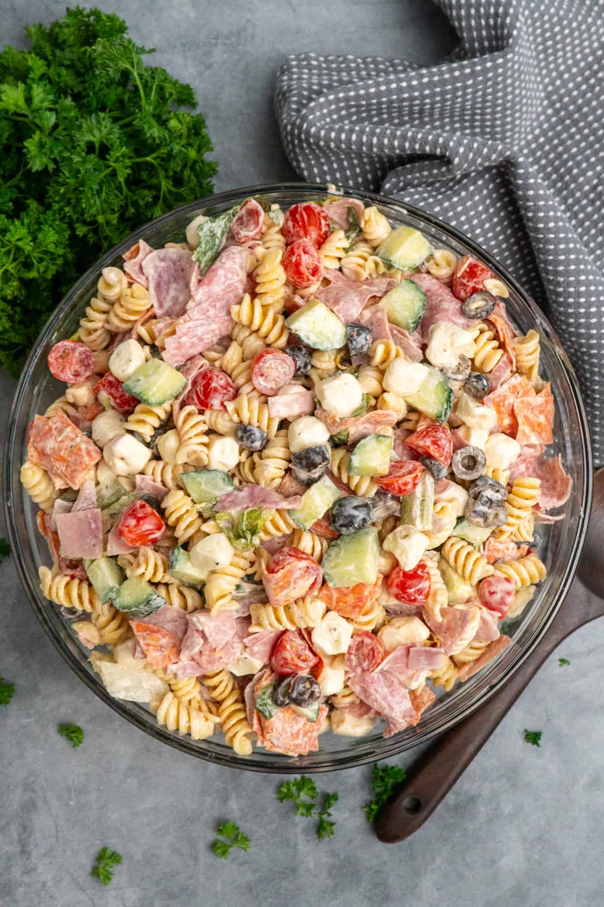 Italian grinder pasta salad mixed together and ready to be refrigerated.