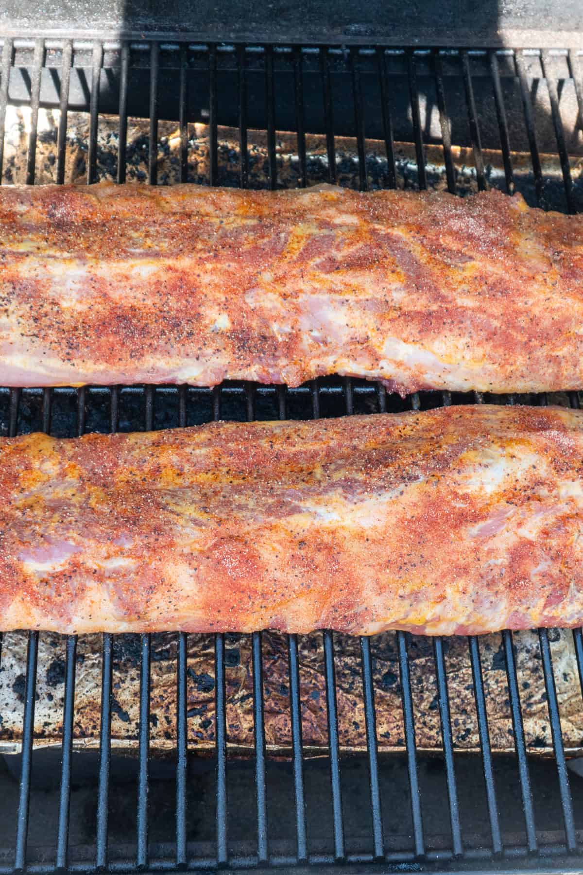 Season pork ribs on a smoker ready to be cooked.
