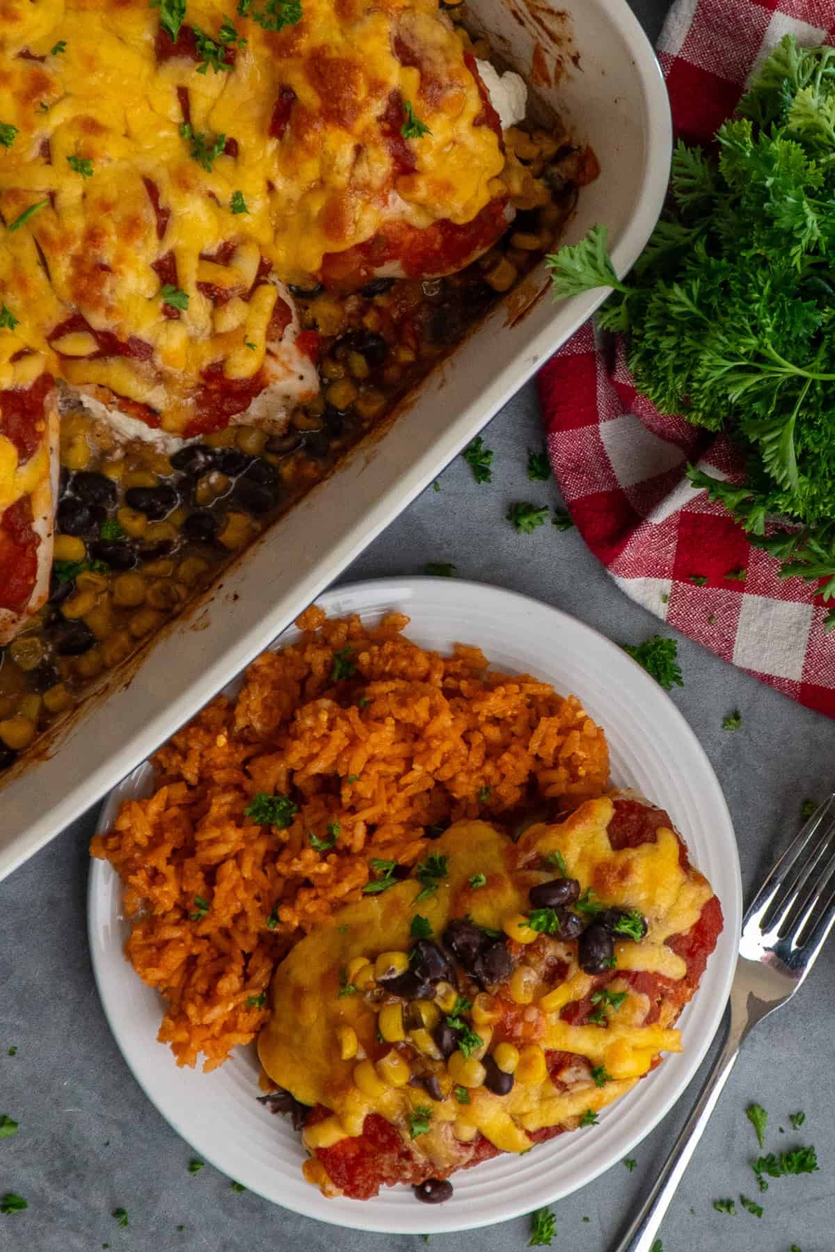 Salsa chicken on a white plate and in a baking dish.