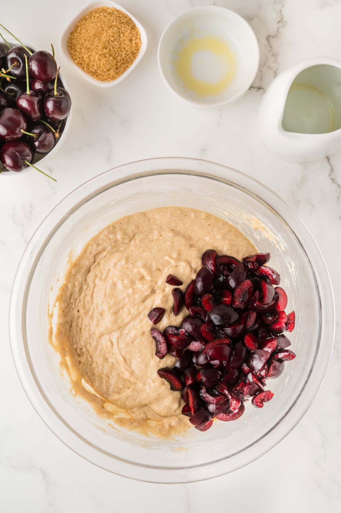 Chopped cherries added to the batter.