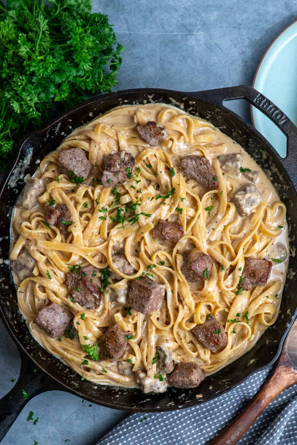 Fettuccine Alfred with steak in a cast iron skillet and garnished with parsley.