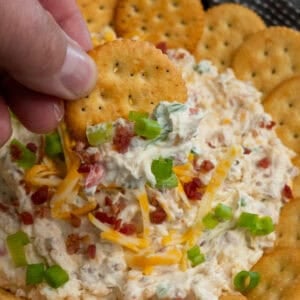 A hand holding a cracker covered in million dollar dip.