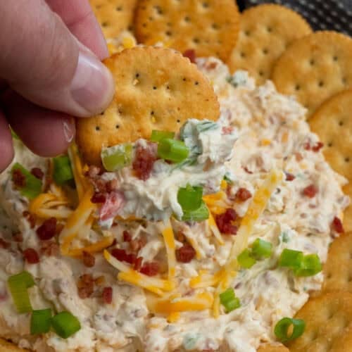 A hand holding a cracker covered in million dollar dip.