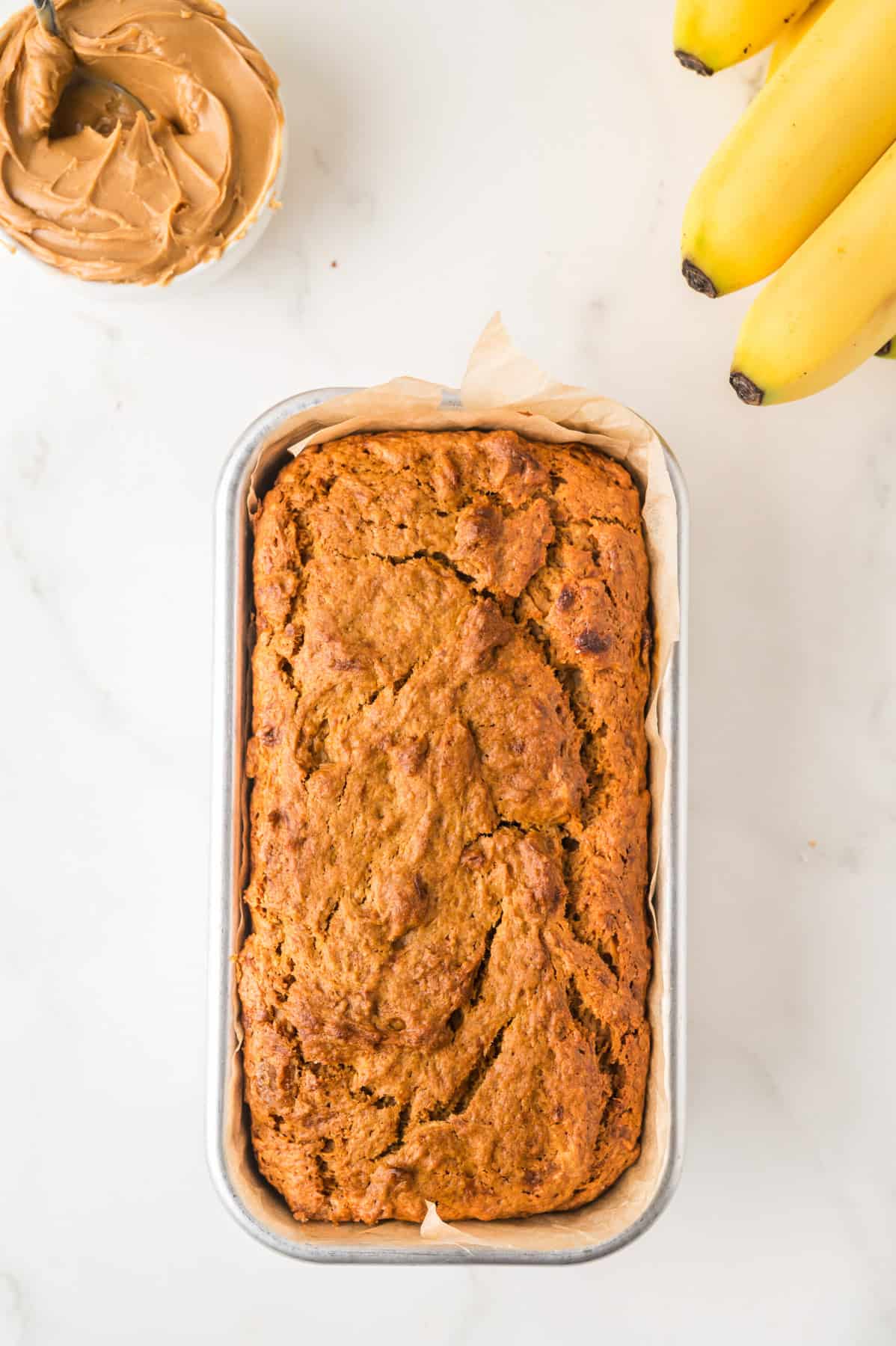The peanut butter and banana bread baked and cooled in the pan.