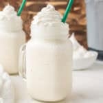 Vanilla bean frappuccino in a mug.