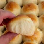 A hand holding a brioche dinner roll.