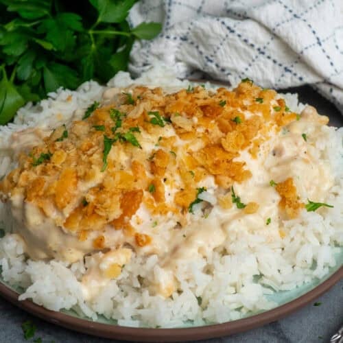 Ritz cracker chicken over rice.