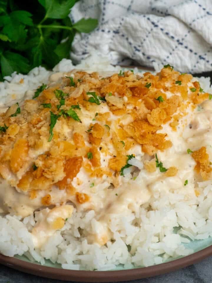 Ritz cracker chicken over rice.
