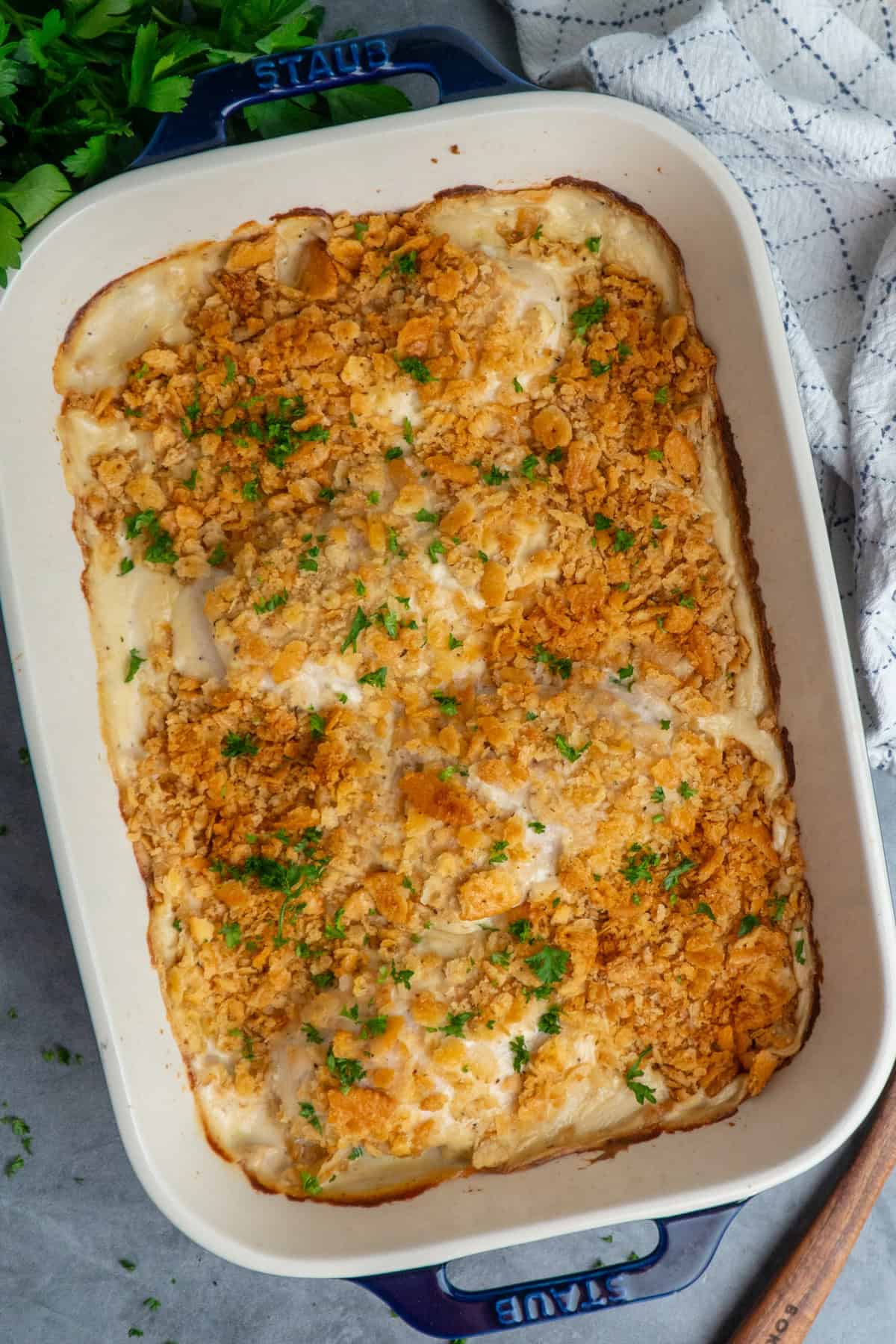 Chicken baked until bubbly and golden brown.