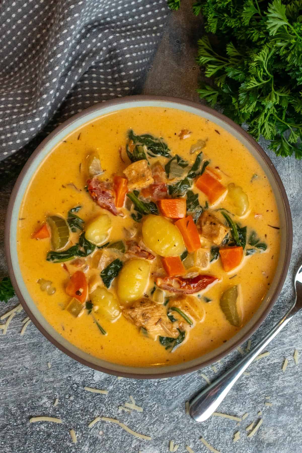 Chicken gnocchi soup in a bowl and ready to eat.