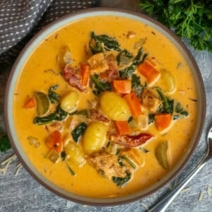 Chicken gnocchi soup in a bowl and ready to eat.