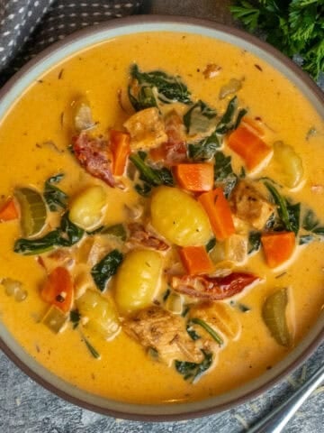 Chicken gnocchi soup in a bowl and ready to eat.