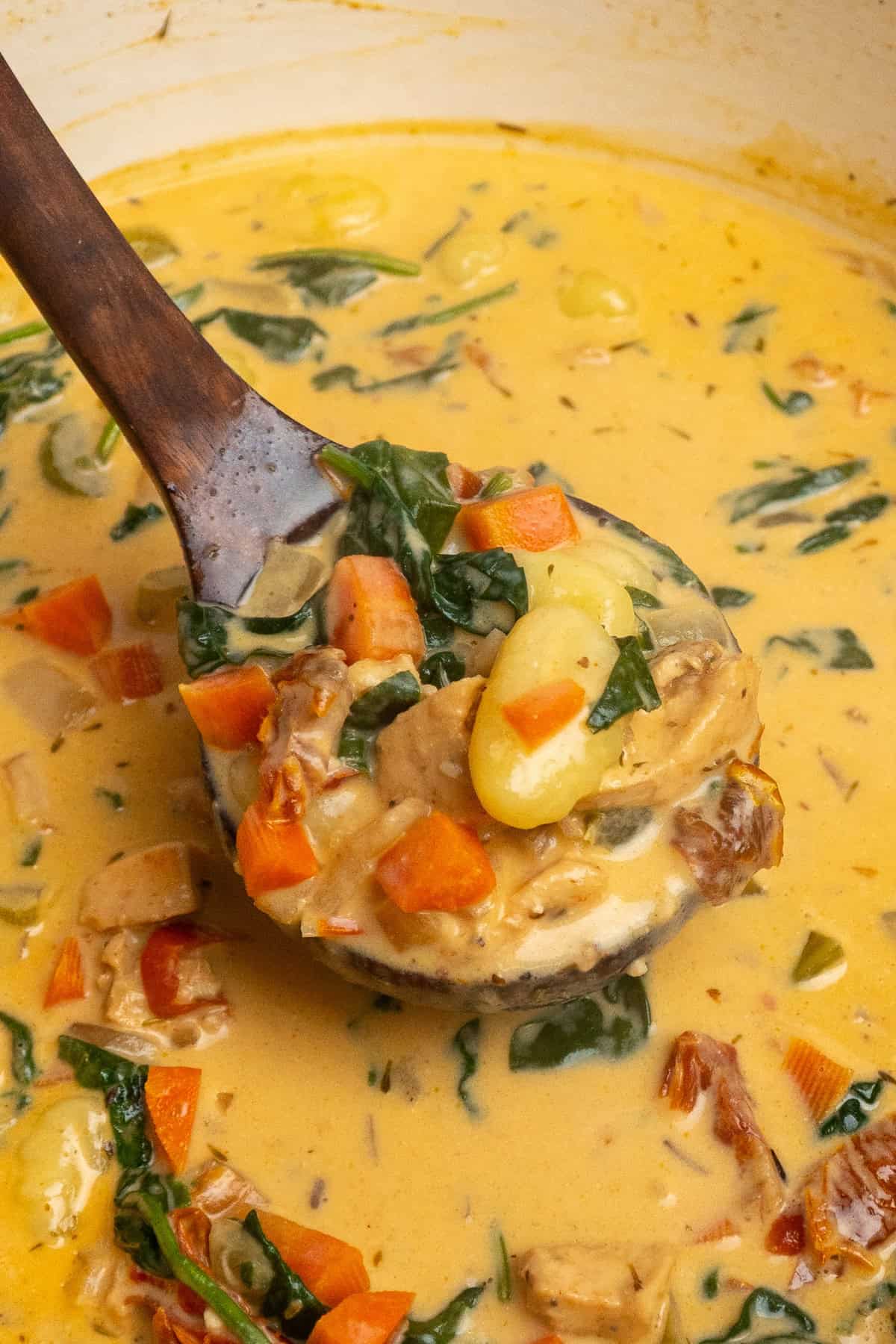 A wooden ladle holding a scoop of chicken gnocchi soup.
