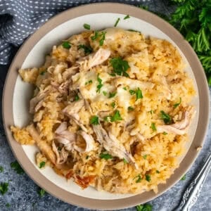 Chicken and rice casserole on a plate.