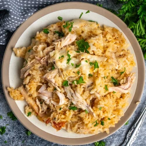 Chicken and rice casserole on a plate.