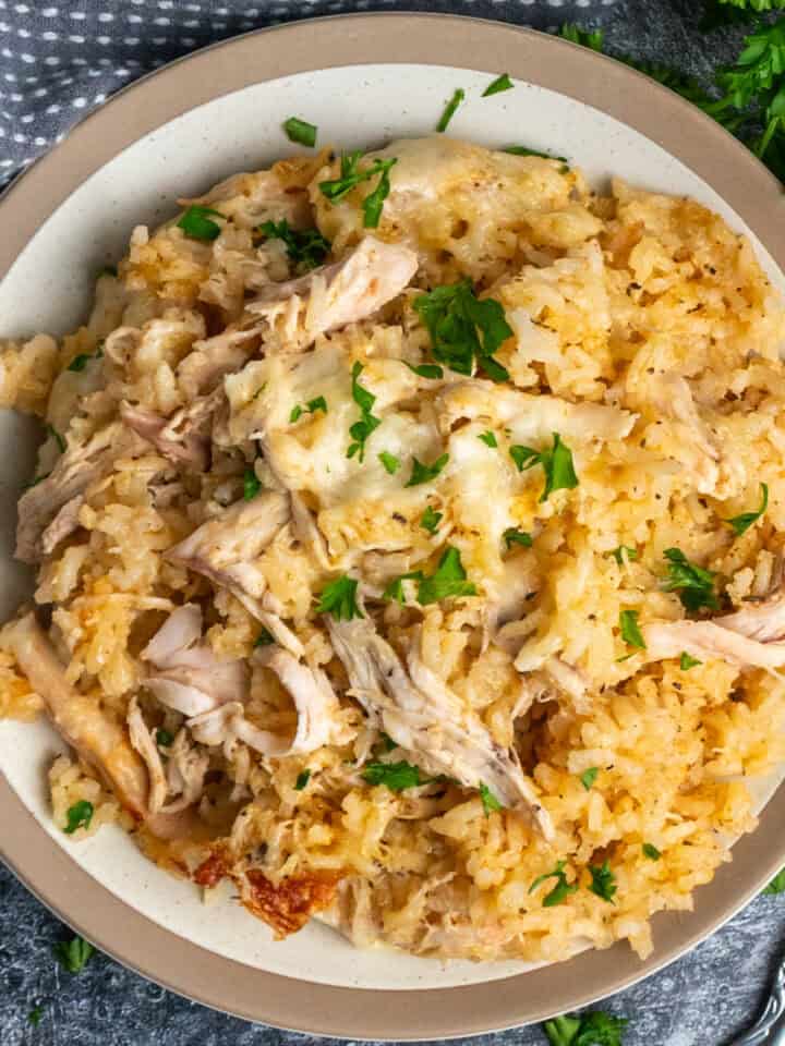 Chicken and rice casserole on a plate.