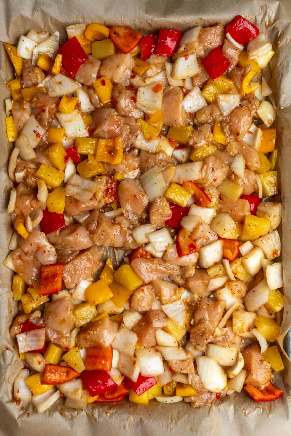 Chicken and veggies coated in the Hawaiian sauce.