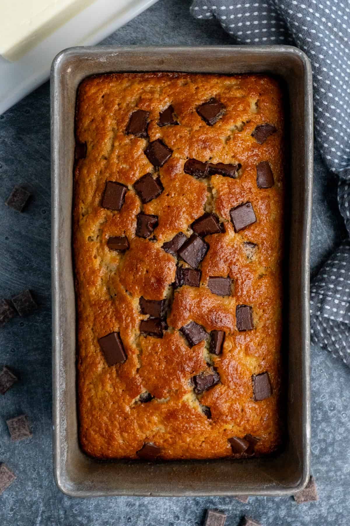 Baked chocolate chunk banana bread ready to be served.